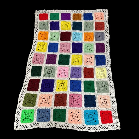 Handmade Crochet Afghan Throw Blanket Rainbow Squares Vintage White Ruffled Edge - Picture 2 of 6